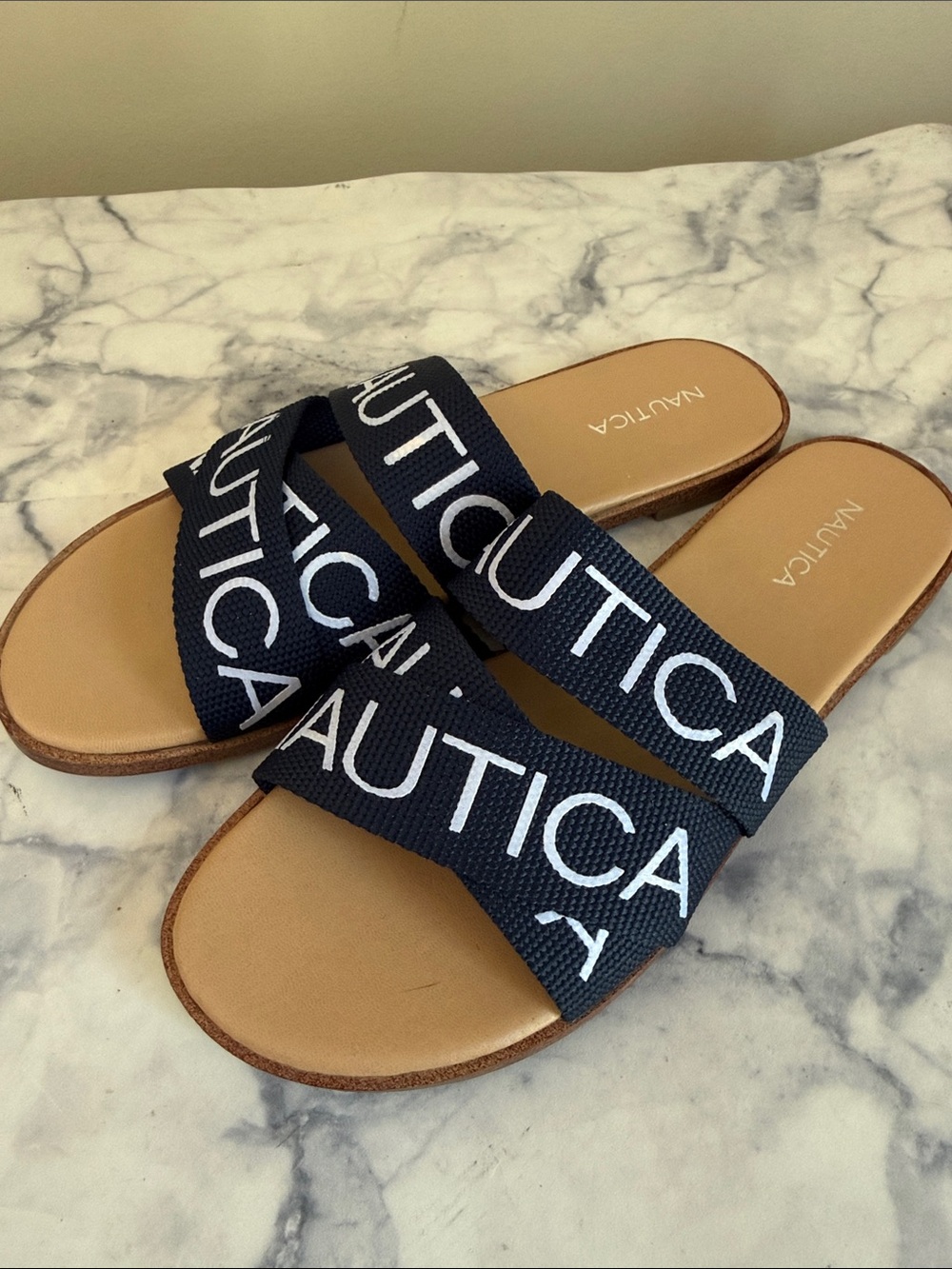 Nautica Navy and Tan Crossband Slide Sandals - Picture 5 of 6